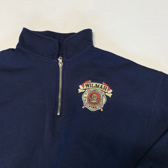 VINTAGE Jerzees Wilmar Fire Department Sweatshirt Size XL Blue Fleece 1/4 Zip - Picture 2 of 7